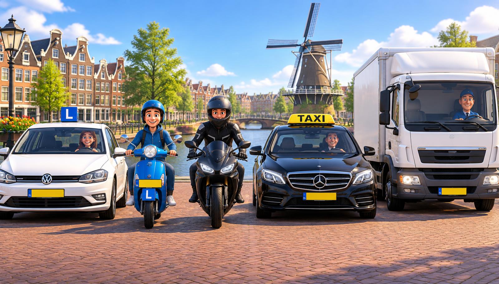 Lesauto, scooter, motor, taxi en vrachtwagen naast elkaar